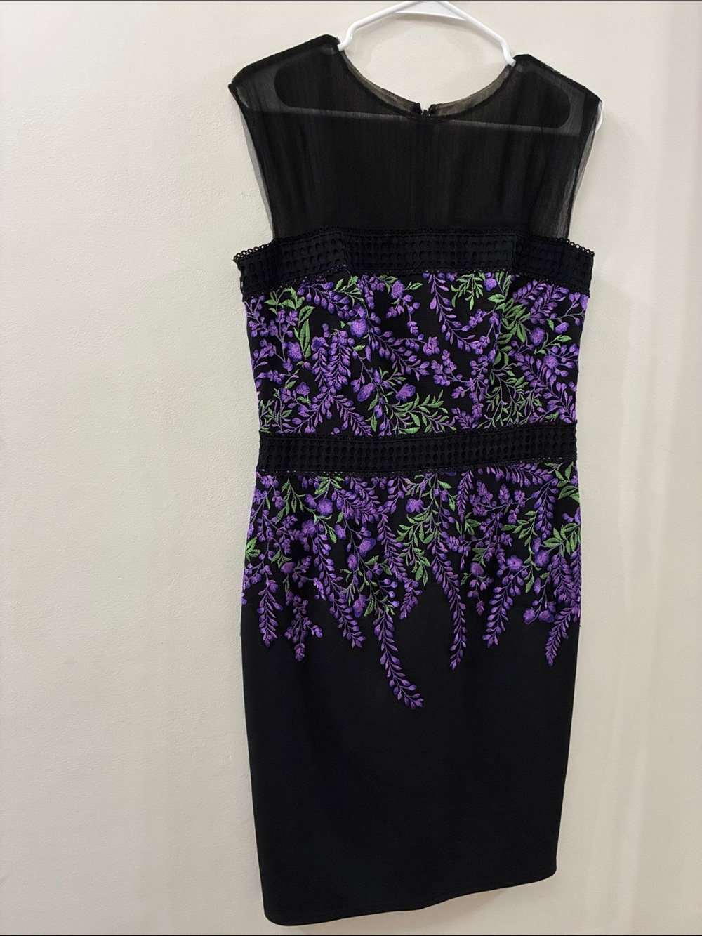 Tadashi Shoji - Black Sheer Top Floral Embroidered Sheath Dress - size 10